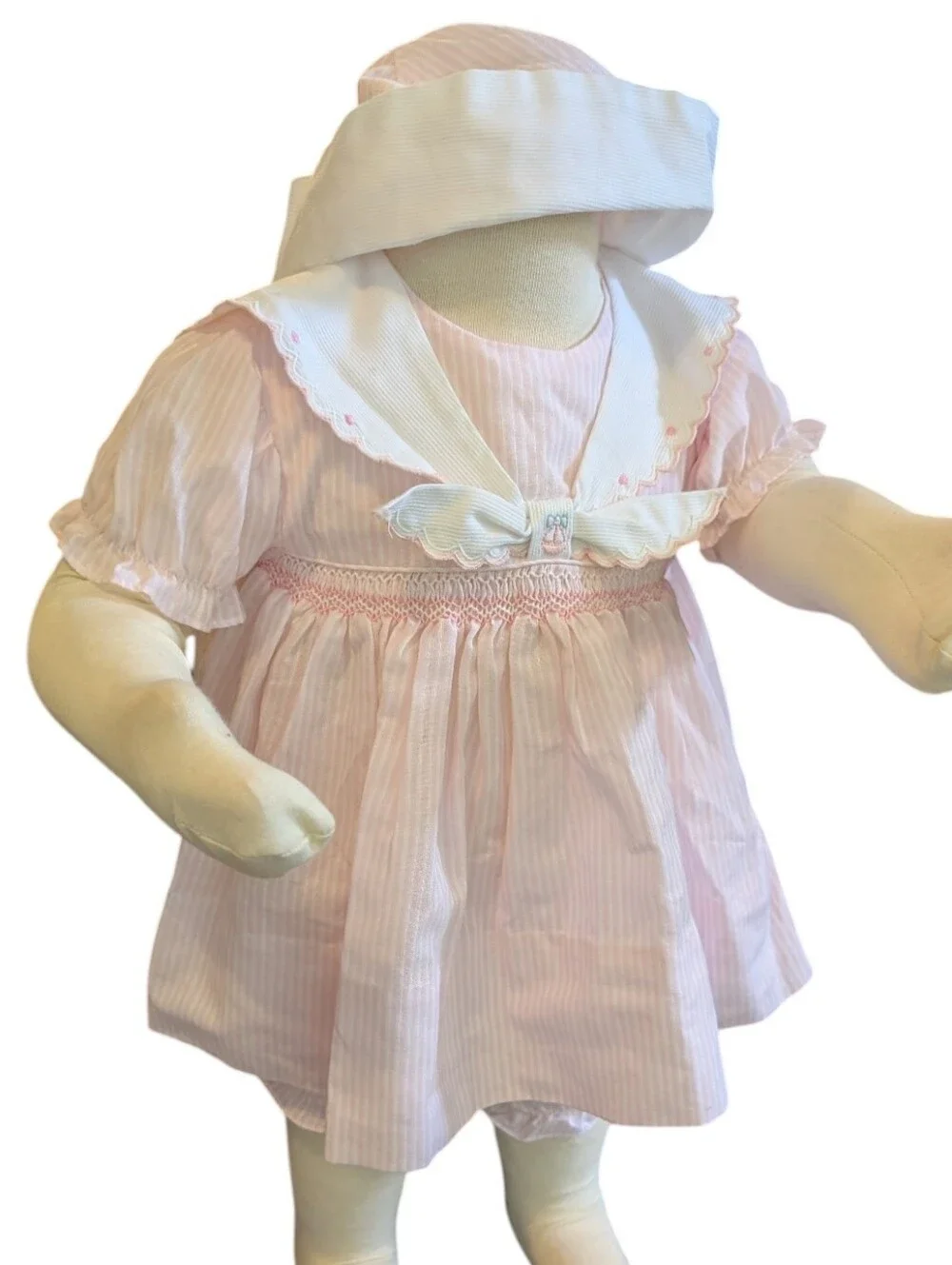 Vintage Carter's 3pc Pink‎ Seersucker Dress Bonnet Set Nautical Smocked